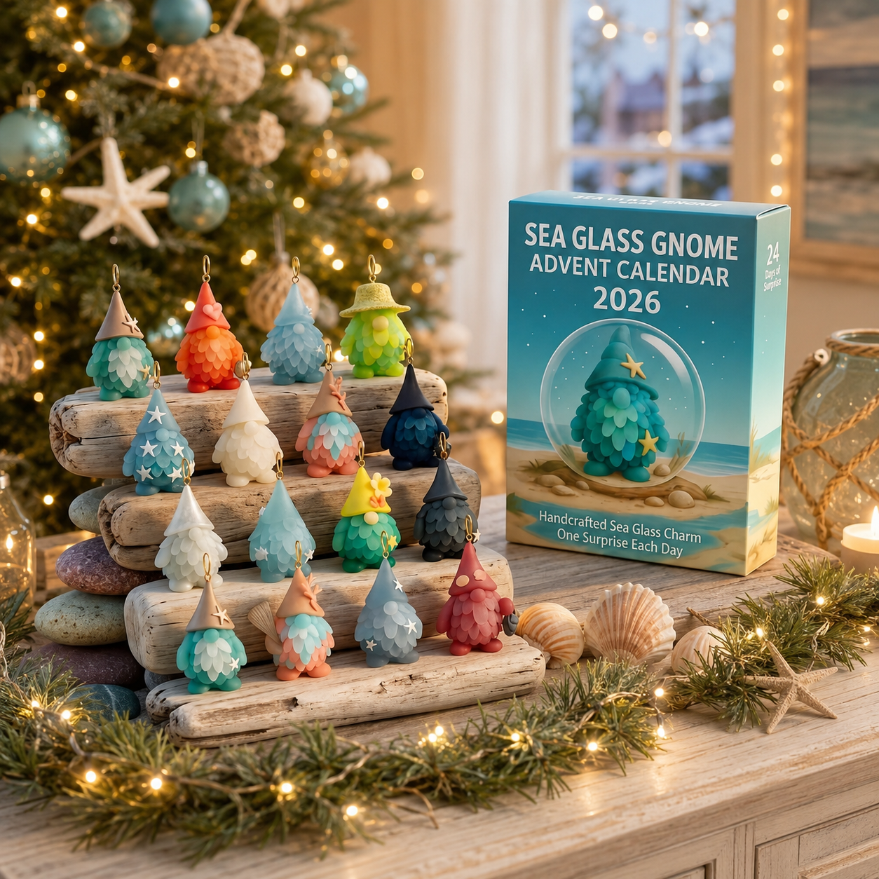 🌊🧝‍♂️ 2026 Coastal Gnome Advent Calendar – 24 Sea Glass Christmas Charms 🎄✨