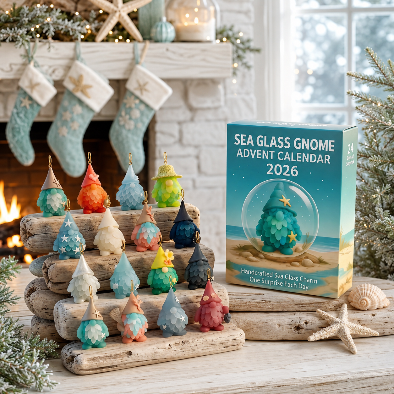 🌊🧝‍♂️ 2026 Coastal Gnome Advent Calendar – 24 Sea Glass Christmas Charms 🎄✨