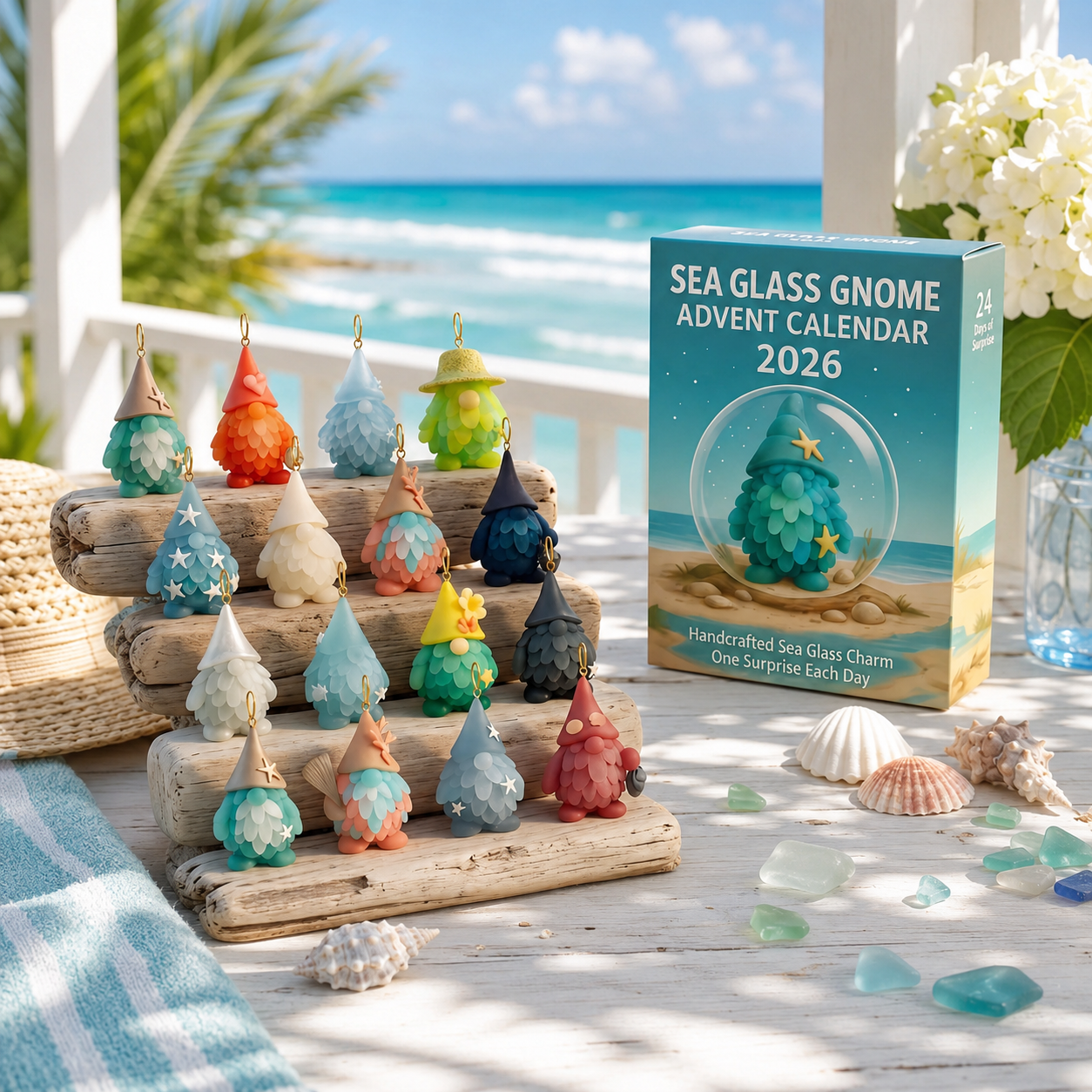 🌊🧝‍♂️ 2026 Coastal Gnome Advent Calendar – 24 Sea Glass Christmas Charms 🎄✨