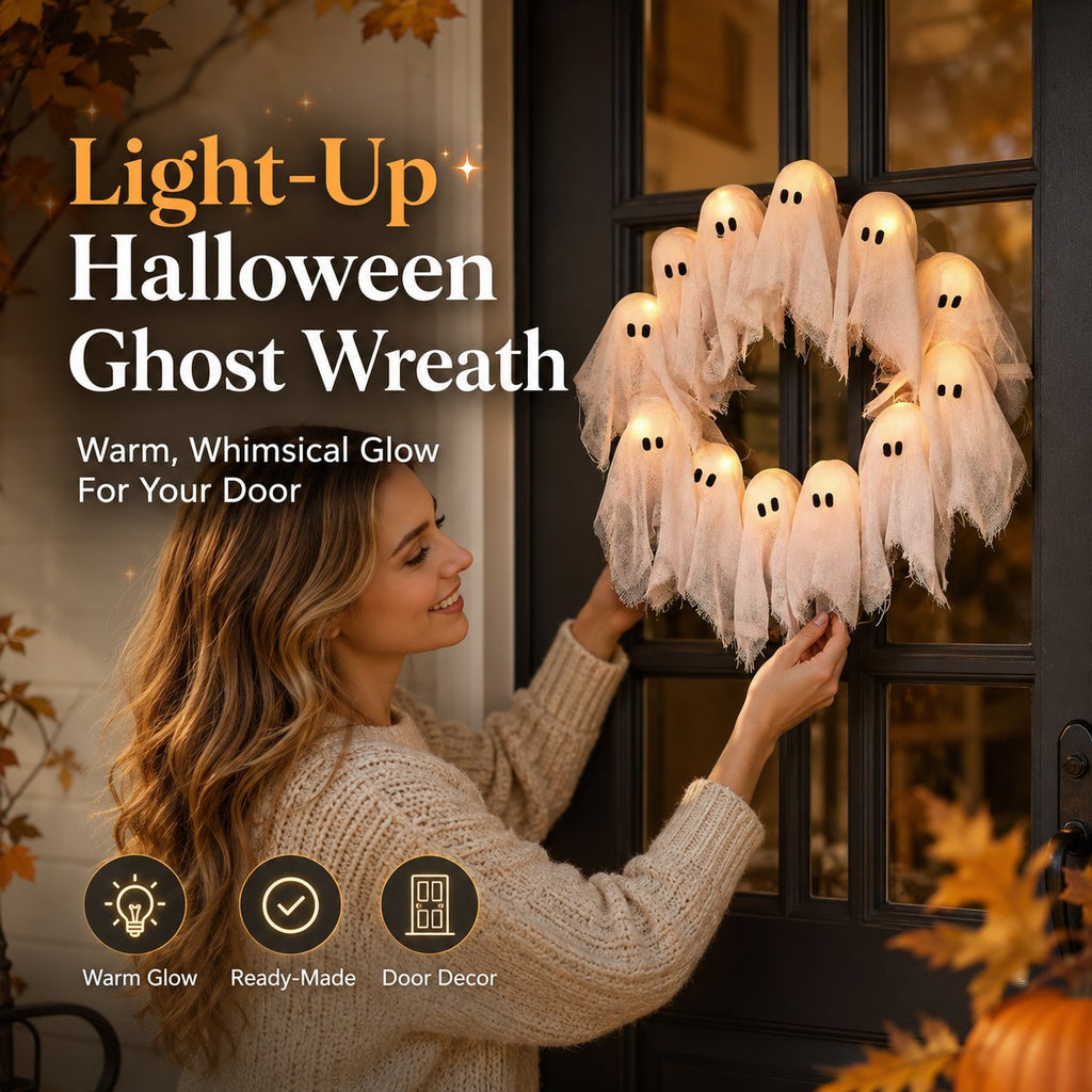 👻✨ Light-Up Halloween Ghost Wreath - 8 Light Modes, Timer and Remote
