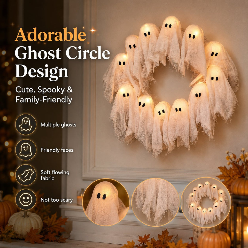👻✨ Light-Up Halloween Ghost Wreath - 8 Light Modes, Timer and Remote