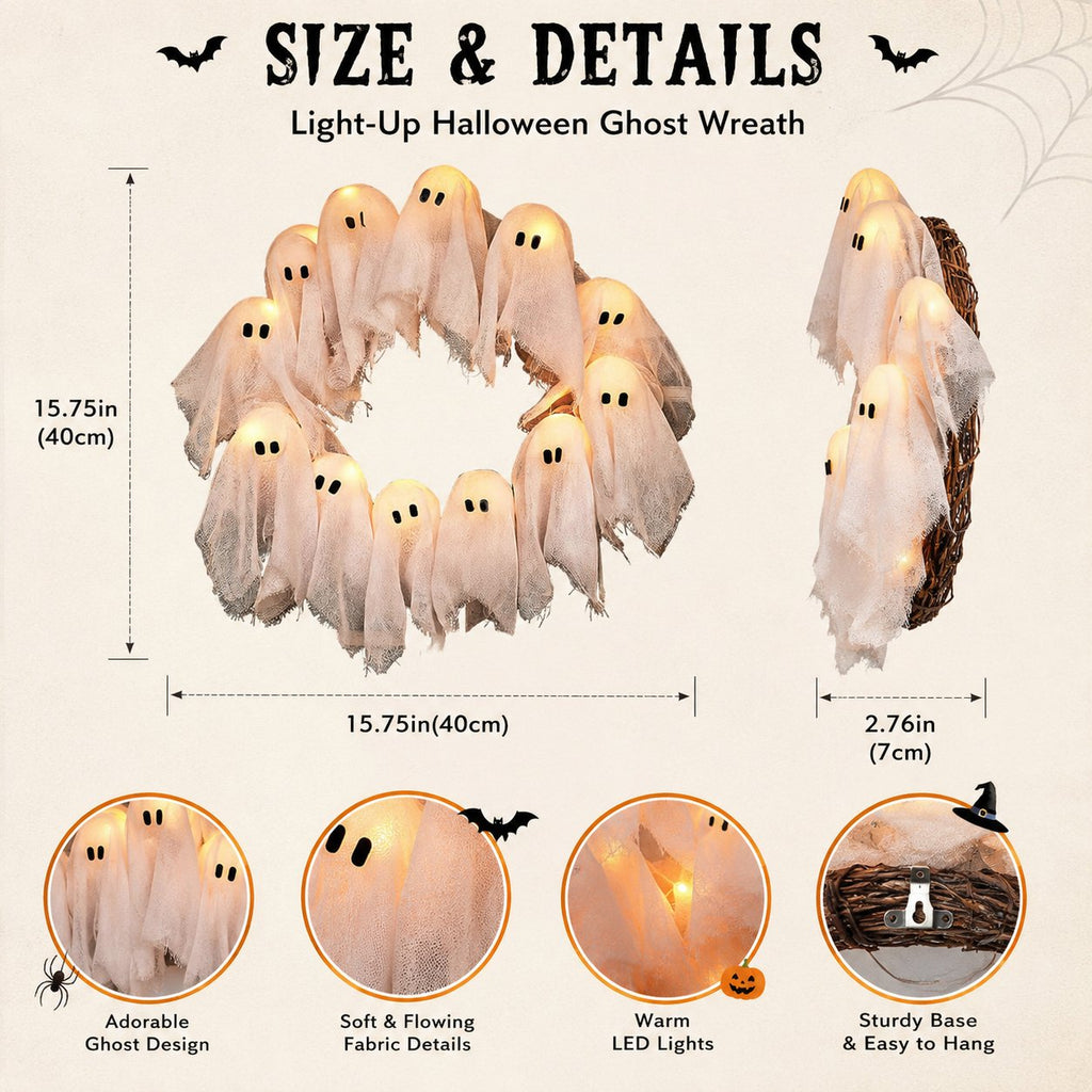 👻✨ Light-Up Halloween Ghost Wreath - 8 Light Modes, Timer and Remote