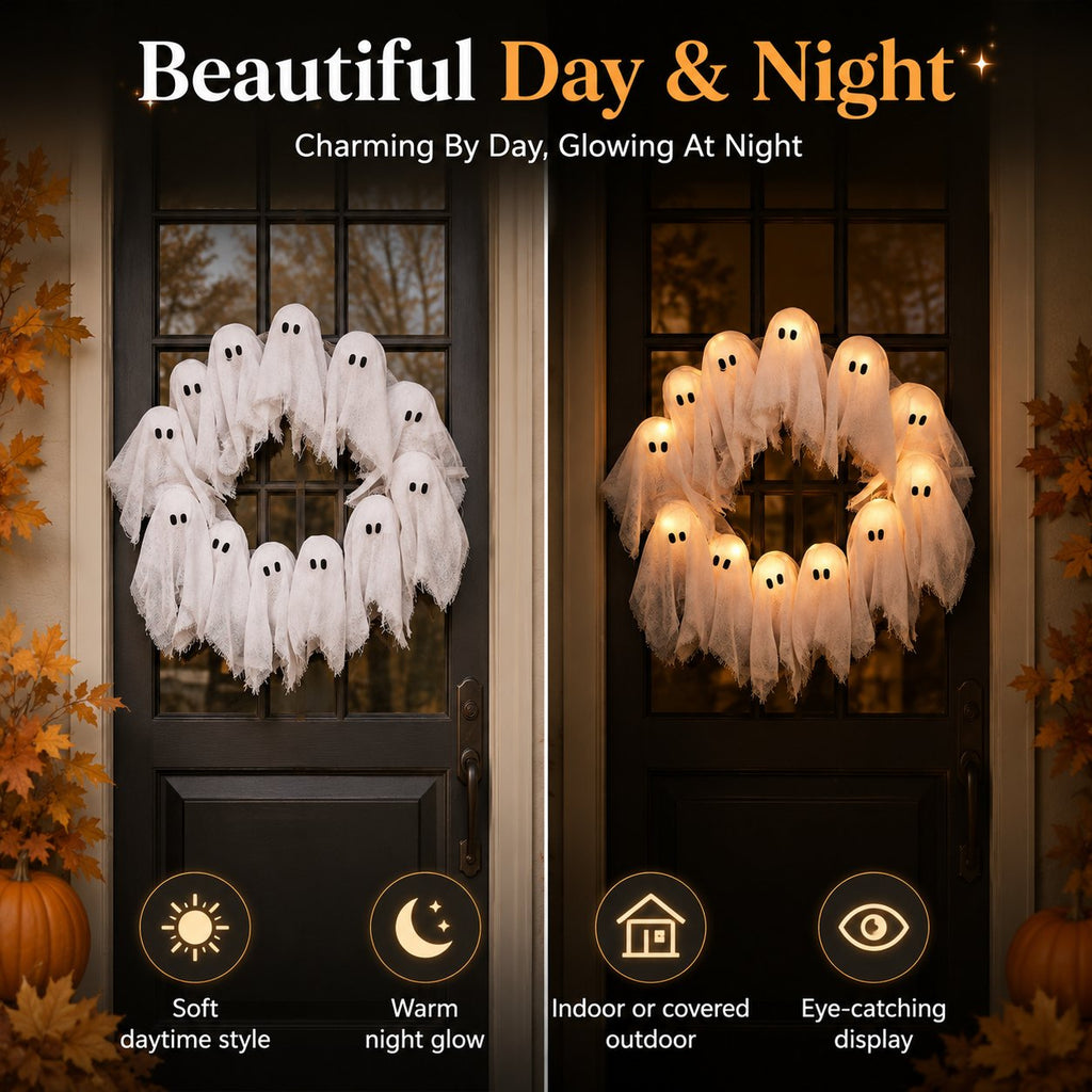 👻✨ Light-Up Halloween Ghost Wreath - 8 Light Modes, Timer and Remote