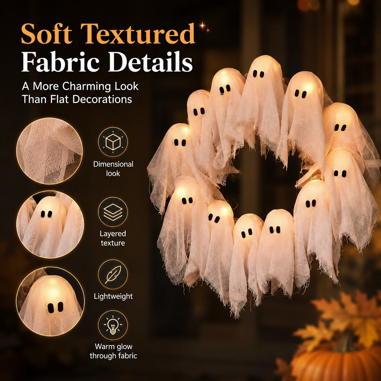 👻✨ Light-Up Halloween Ghost Wreath - 8 Light Modes, Timer and Remote