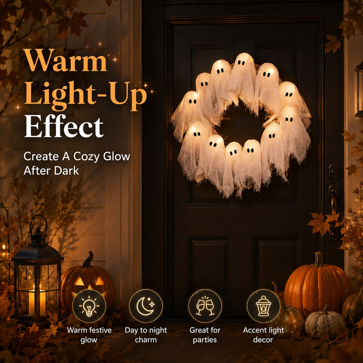 👻✨ Light-Up Halloween Ghost Wreath - 8 Light Modes, Timer and Remote