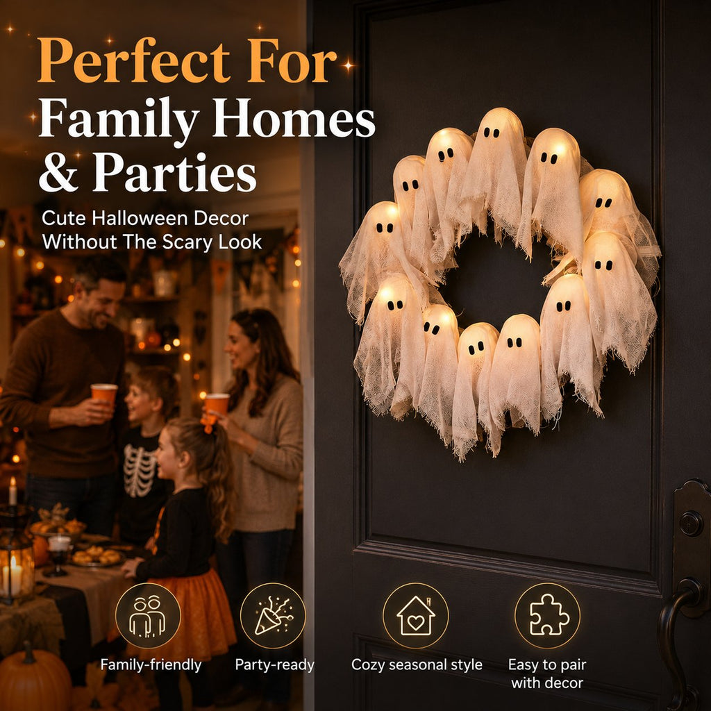 👻✨ Light-Up Halloween Ghost Wreath - 8 Light Modes, Timer and Remote