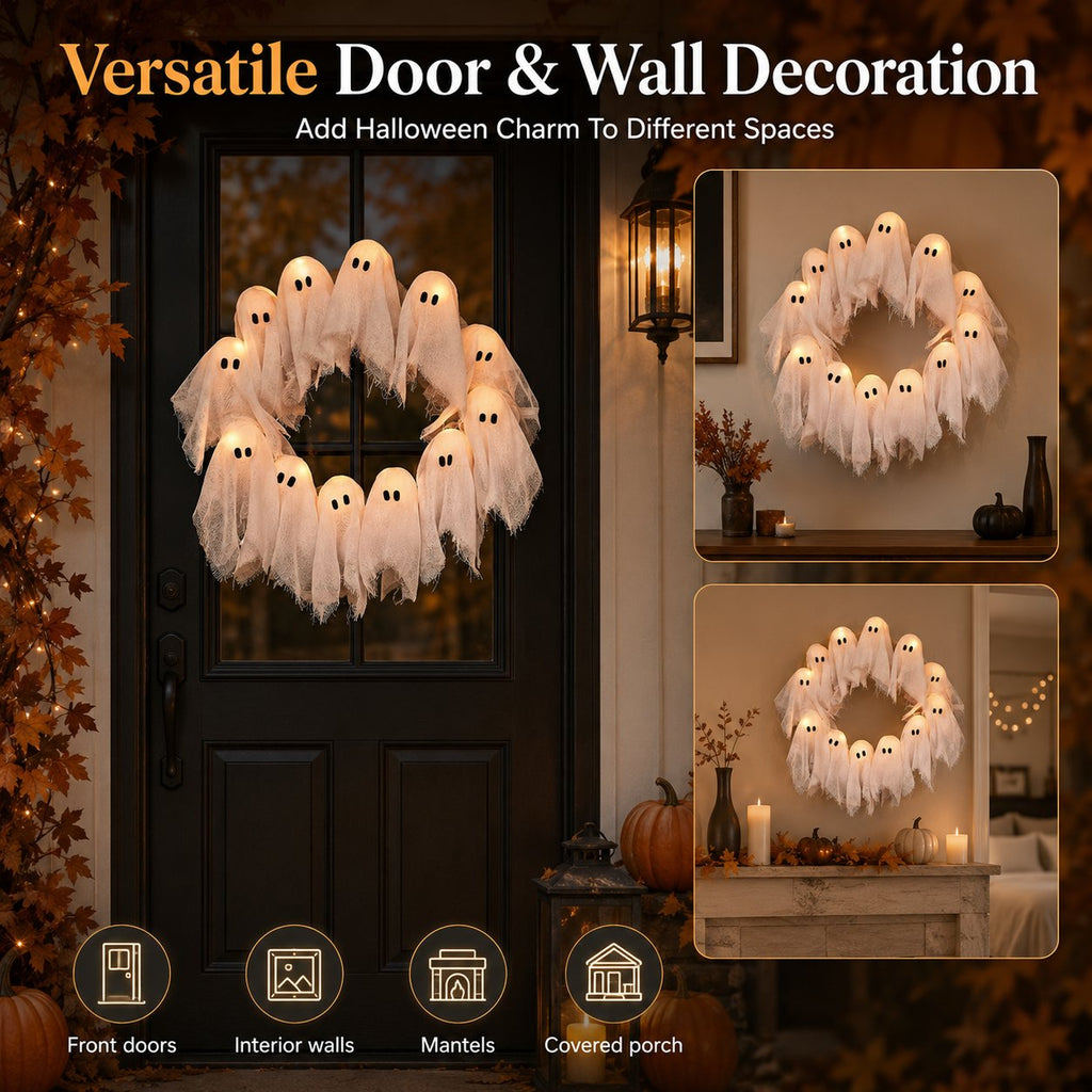 👻✨ Light-Up Halloween Ghost Wreath - 8 Light Modes, Timer and Remote