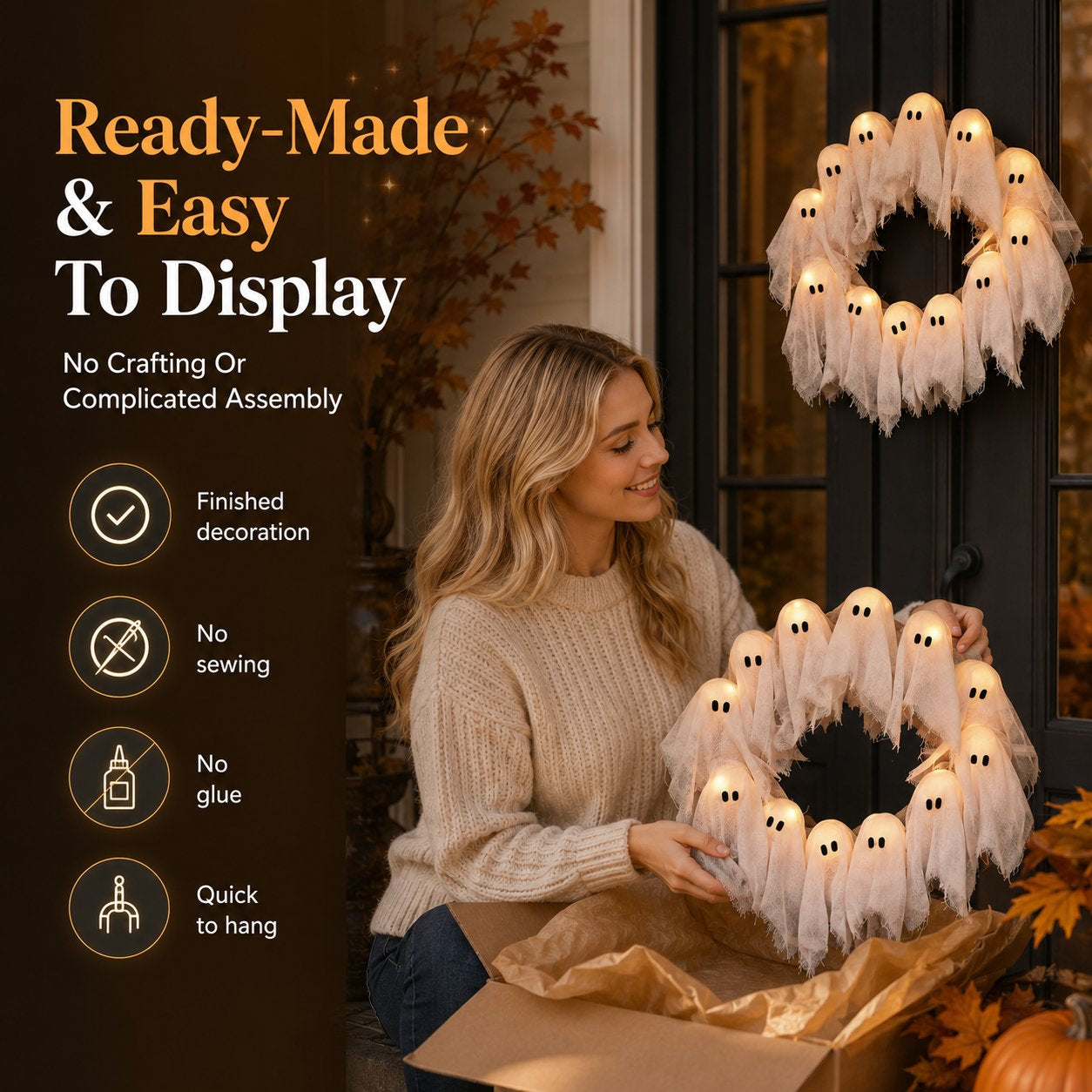 👻✨ Light-Up Halloween Ghost Wreath - 8 Light Modes, Timer and Remote