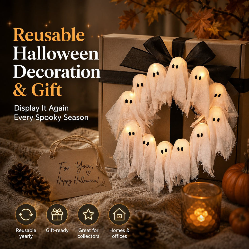 👻✨ Light-Up Halloween Ghost Wreath - 8 Light Modes, Timer and Remote