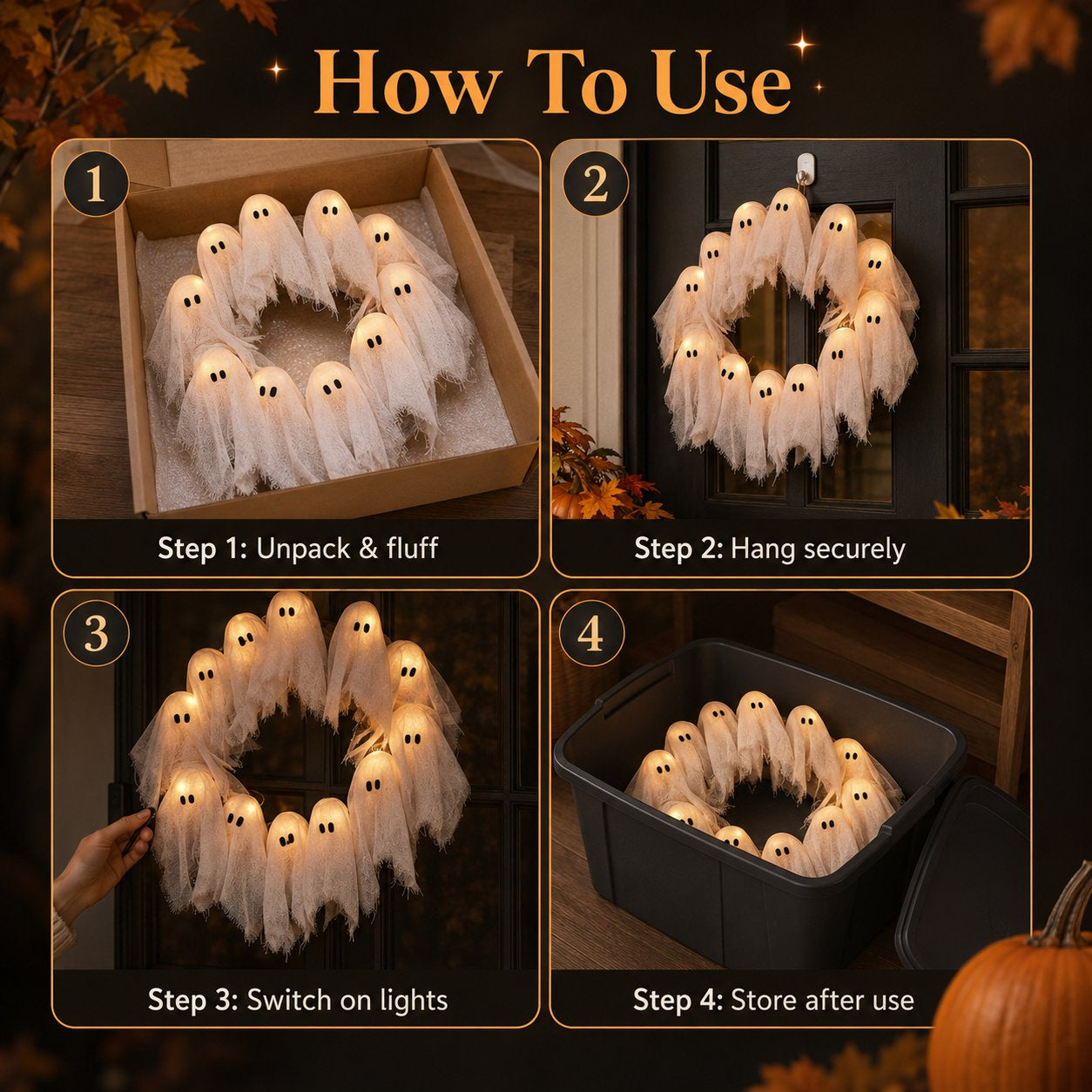 👻✨ Light-Up Halloween Ghost Wreath - 8 Light Modes, Timer and Remote