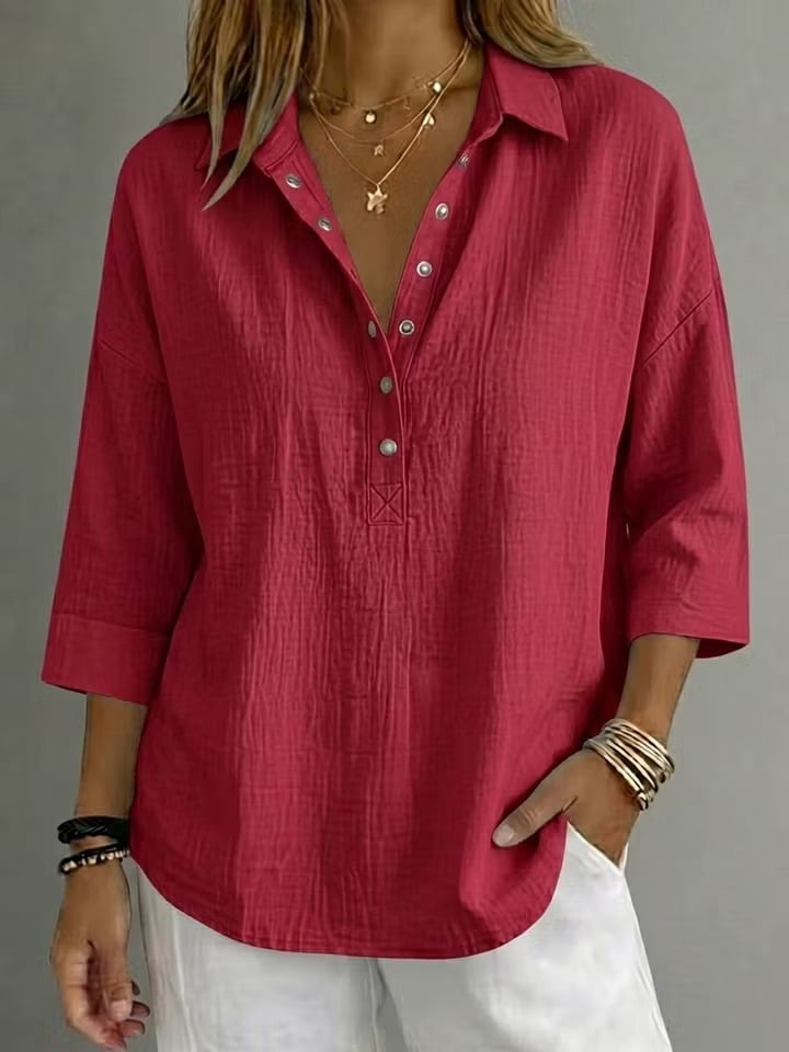New Arrival🔥 Coastal Ease™ Relaxed Snap-Front Tunic – Breezy Texture, Easy 3/4 Sleeves & Flattering Everyday Coverage
