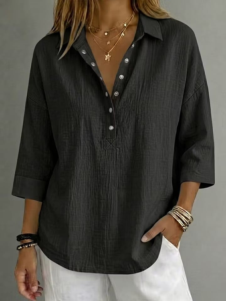 New Arrival🔥 Coastal Ease™ Relaxed Snap-Front Tunic – Breezy Texture, Easy 3/4 Sleeves & Flattering Everyday Coverage