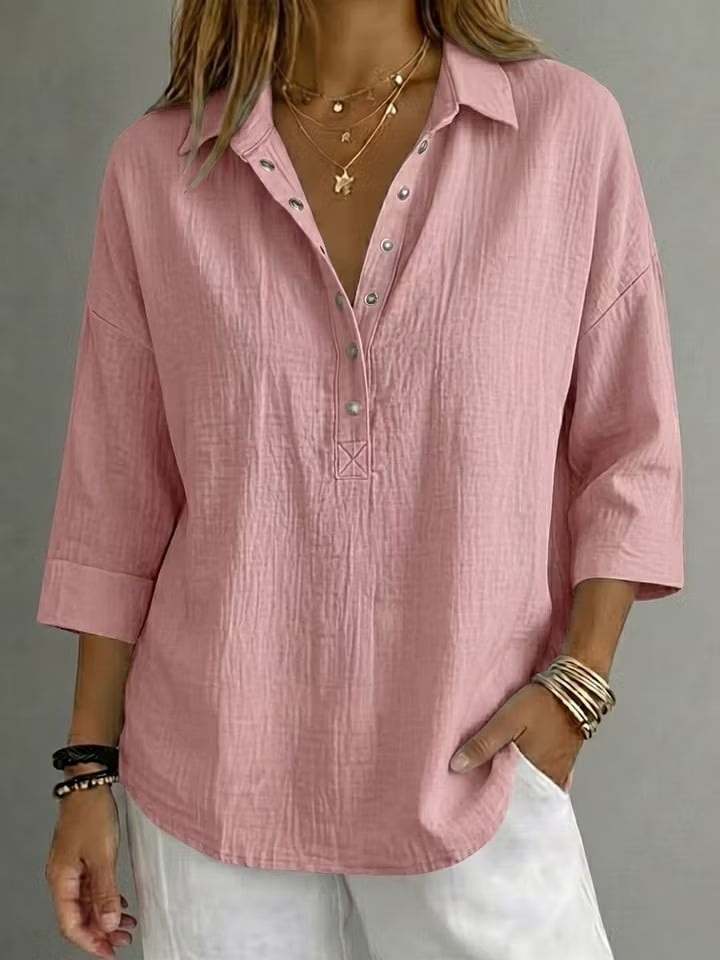 New Arrival🔥 Coastal Ease™ Relaxed Snap-Front Tunic – Breezy Texture, Easy 3/4 Sleeves & Flattering Everyday Coverage