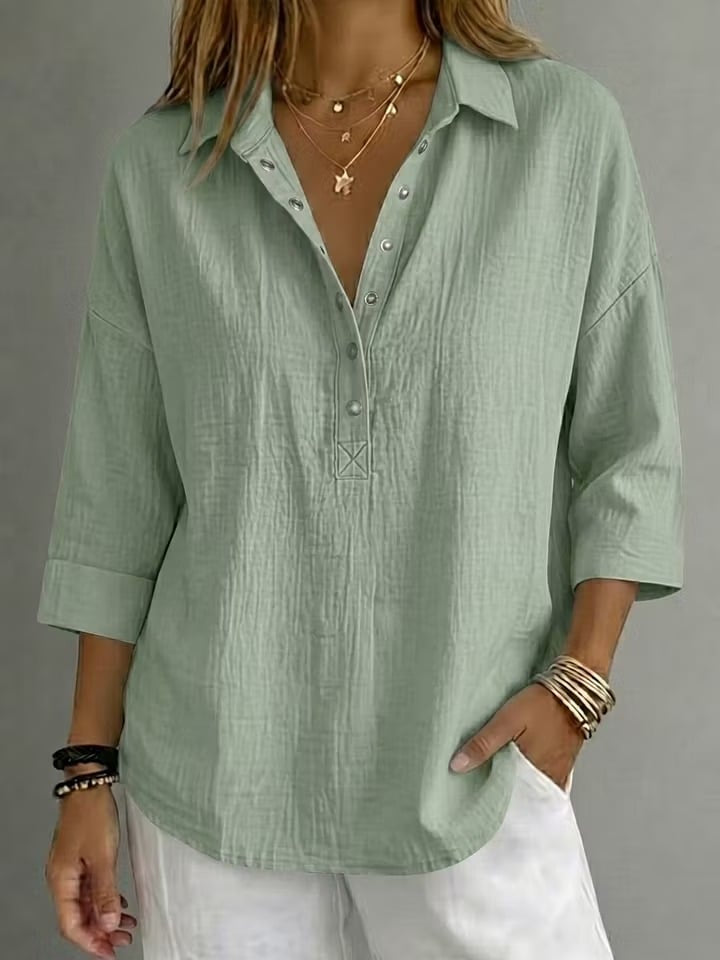New Arrival🔥 Coastal Ease™ Relaxed Snap-Front Tunic – Breezy Texture, Easy 3/4 Sleeves & Flattering Everyday Coverage