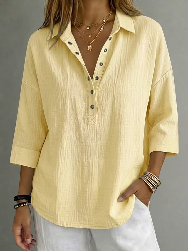 New Arrival🔥 Coastal Ease™ Relaxed Snap-Front Tunic – Breezy Texture, Easy 3/4 Sleeves & Flattering Everyday Coverage