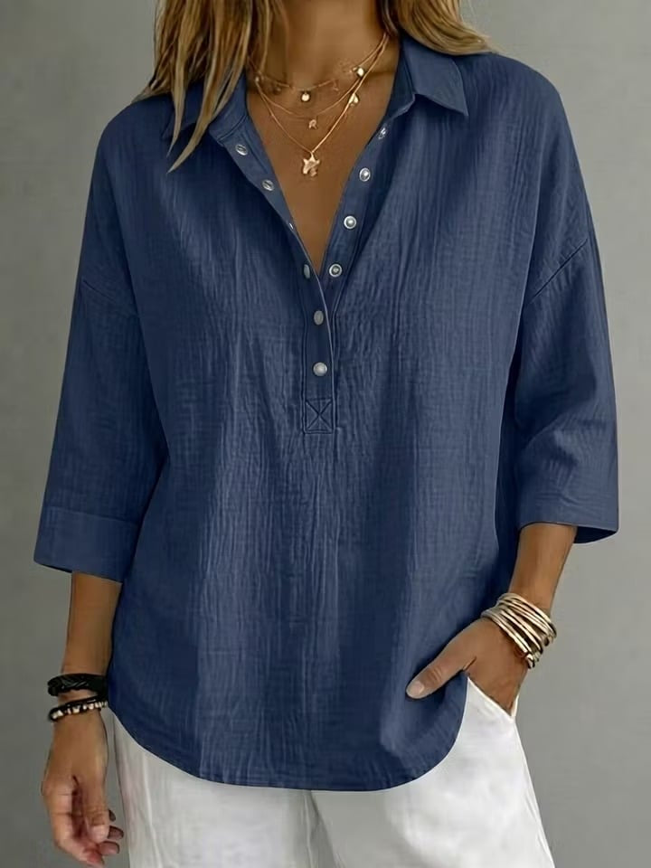 New Arrival🔥 Coastal Ease™ Relaxed Snap-Front Tunic – Breezy Texture, Easy 3/4 Sleeves & Flattering Everyday Coverage