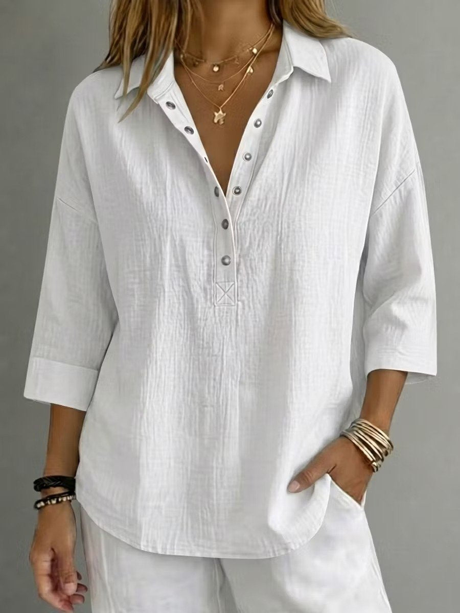 New Arrival🔥 Coastal Ease™ Relaxed Snap-Front Tunic – Breezy Texture, Easy 3/4 Sleeves & Flattering Everyday Coverage