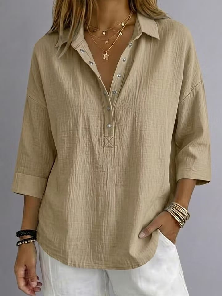 New Arrival🔥 Coastal Ease™ Relaxed Snap-Front Tunic – Breezy Texture, Easy 3/4 Sleeves & Flattering Everyday Coverage