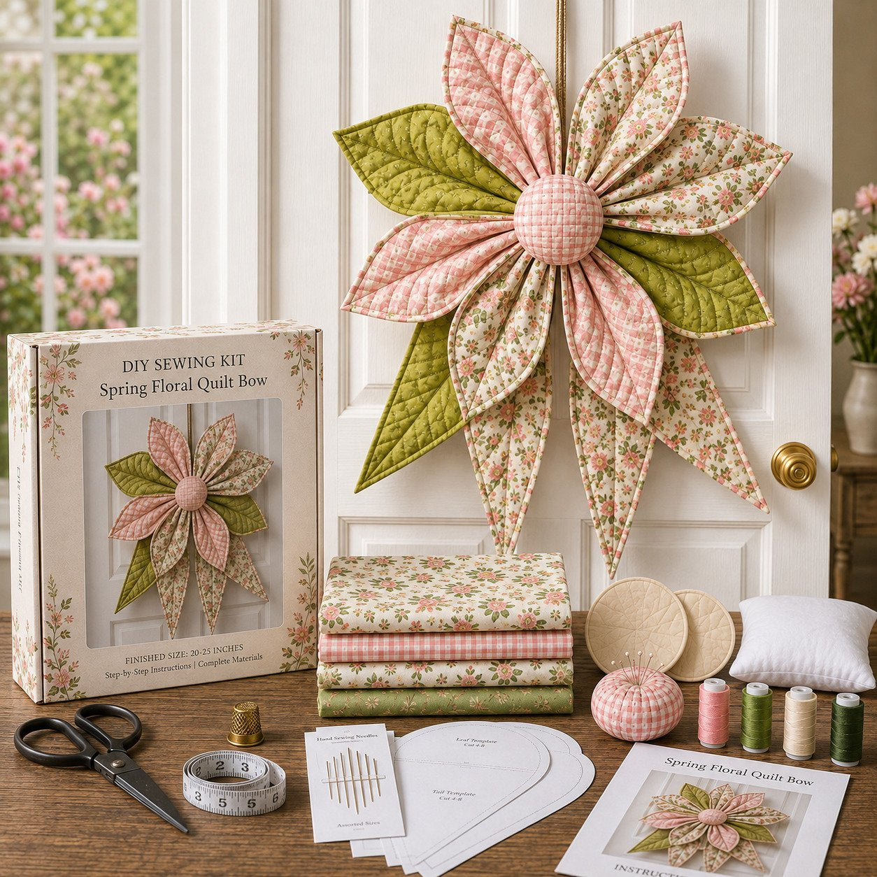 🎀 Oversized Quilted Bow Sewing Kit | Coordinated Printed Fabrics, Soft Batting, Pre-Designed Templates & Complete Supplies for a Full 23–25 in Statement Bow 🍁✨