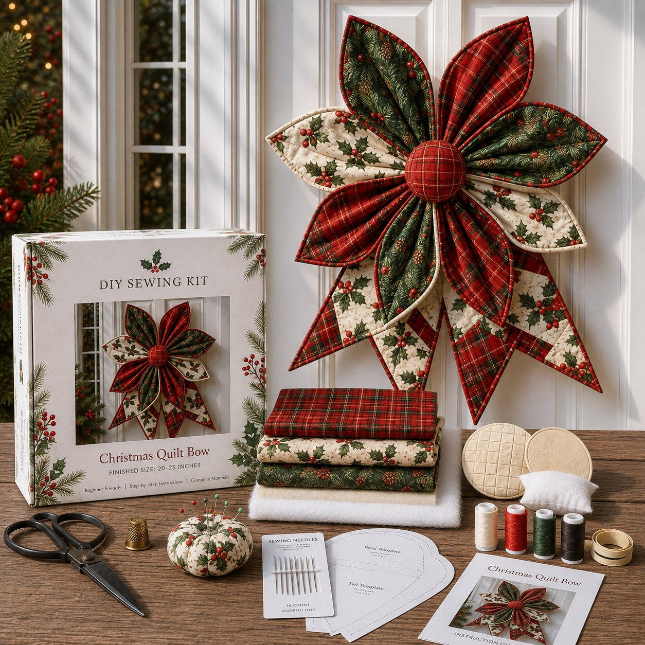🎀 Oversized Quilted Bow Sewing Kit | Coordinated Printed Fabrics, Soft Batting, Pre-Designed Templates & Complete Supplies for a Full 23–25 in Statement Bow 🍁✨