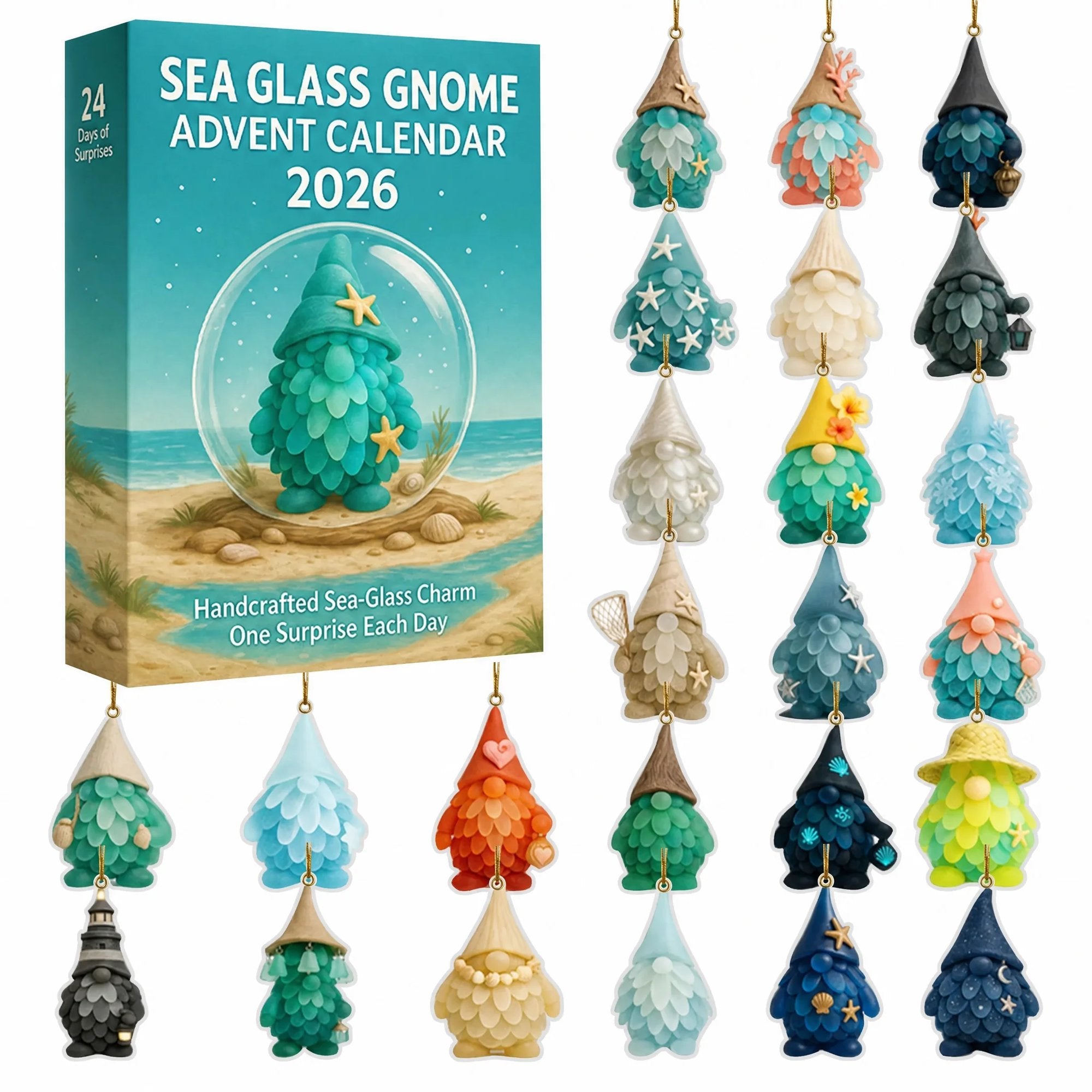 🌊🧝‍♂️ 2026 Coastal Gnome Advent Calendar – 24 Sea Glass Christmas Charms 🎄✨